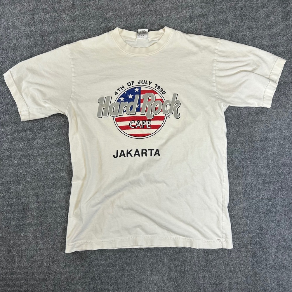 Vintage 1995 Hard Rock Cafe Jakarta 4th of July T-Shirt Cream Large Mens